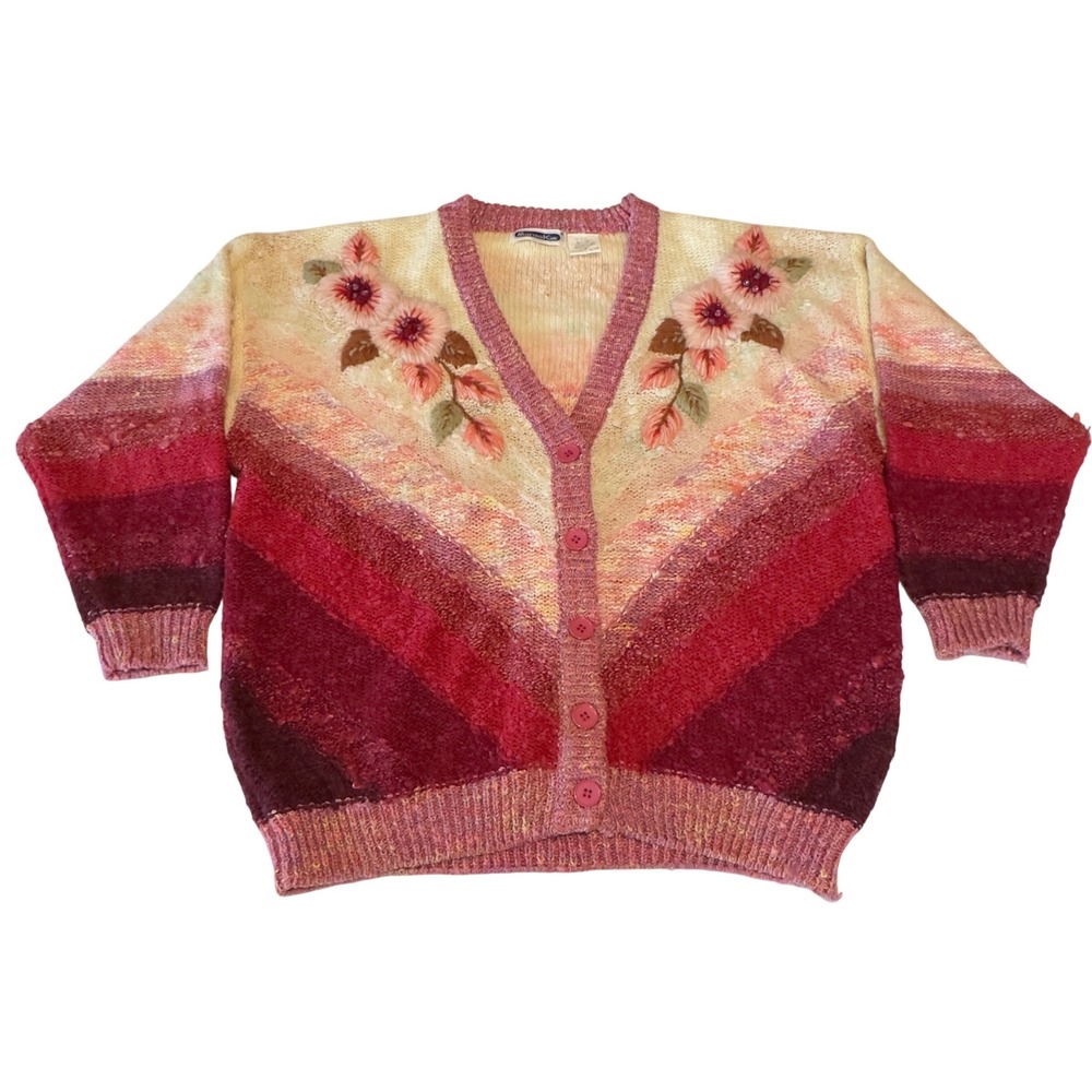 Mariea Kim Vintage Pink Ombre Chevron Floral Embroidered Beaded Cardigan Medium